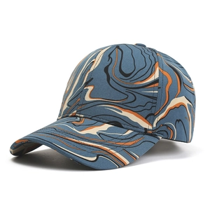 Striped baseball cap with abstract marble pattern and curved brim in 45-degree angle view