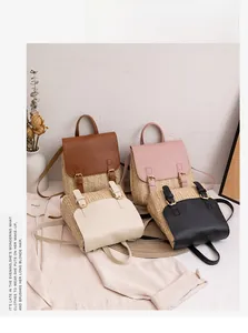 Detailed view of four straw and leather mini backpacks in brown, pink, beige, and black