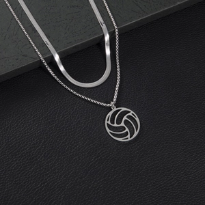 Collier double épaisseur en acier inoxydable argenté avec pendentif ballon de volley