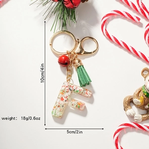 Christmas letter F resin keychain with snowman pattern, red bell and green tassel