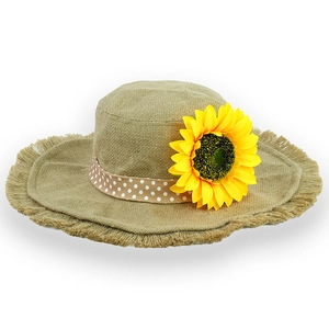 Summer sunflower wide brim burlap sun hat with polka dot ribbon for beach vacations
