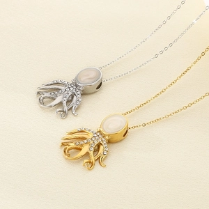 Elegant stainless steel octopus pendant necklace with pearl shell inlay in gold and silver