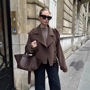 Manteau En Laine À Double Boutonnage Pour Femmes Élégant Coupe Ample Revers Manches Longues Vêtements D'Extérieur Décontractés Veste Chaude Couleur Unie