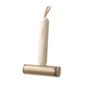 Modern beige 3-in-1 pet hair remover with golden roller and hanging strap for cats and dogs