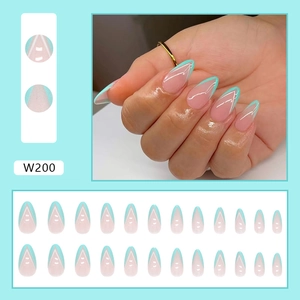 Teardrop mint green French tip almond press-on nails set with 24 pieces and nude base