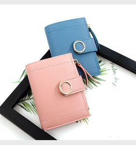 Pink and blue women's short PU leather wallets with zipper and ring buckle detail