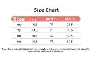 Detailed size chart for baby ribbed cotton romper including length, chest, and hip measurements