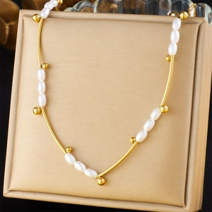 Oval Faux Artificial Pearl Stainless Steel Necklace French Retro Elegant Gold Plated Metal Tube Clavicle Chain For Women