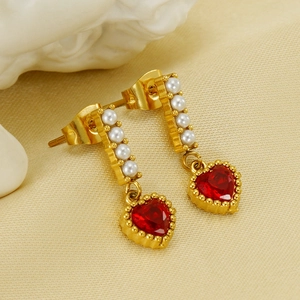Vintage gold drop earrings with vertical pearls and a red heart zircon pendant