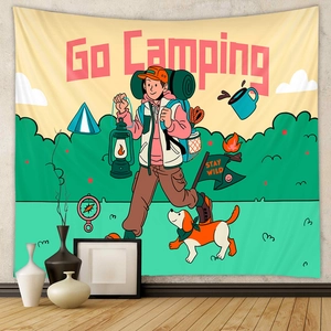 Détail de tapisserie de camping rétro avec illustration de randonneur pour décor mural extérieur