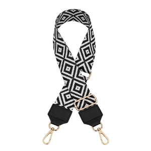 Adjustable wide replacement strap with black and white geometric pattern and gold hooks