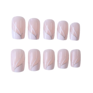 French style white line press-on nails with silver glitter in medium rectangle shape