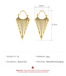 Detail of vintage geometric fan-shaped earrings with alloy material and dimensions