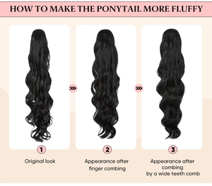Three-step guide showing how to make the wavy drawstring ponytail extension fluffy and voluminous