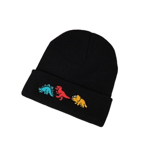 Kids black knit beanie featuring cute colorful dinosaur embroidery for winter warmth