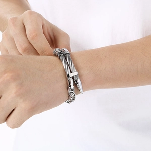 Punk style silver titanium steel cable chain bracelet with nail spike charms for men