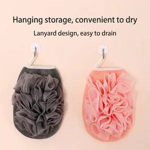 Double-sided exfoliating bath ball sponge set in grey and pink with hanging ropes