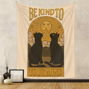 Bohemian wall tapestry with cats and sun design featuring BE KIND TO YOUR MIND text