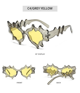 Detailed views of irregular wavy grey sunglasses with yellow lenses and frame specifications
