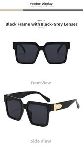 Detail of trendy square sunglasses featuring sleek black frames and golden M metal hinges