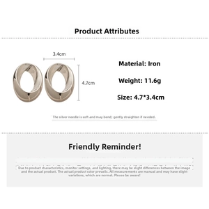 Detailed size and weight specs for oval twisted silver metal earrings in 4.7x3.4cm size