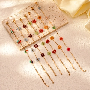Bohemia Flower Beaded Bracelet Stainless Steel Gold Plated Glass Crystal Handmade Adjustable Chain Jewelry For Women Girls