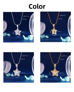 Detailed close-up of gold and silver star pendants with sparkling rhinestones on snake chains
