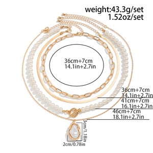 Detailed specs for layered gold necklaces with baroque pearl pendant and snake chain style