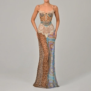 Sexy Leopard Baroque Patchwork Chiffon Maxi Dress Lace Corset Top Spaghetti Strap Backless High Slit Women