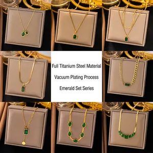 Vintage Emerald Green Zircon Necklace Stainless Steel Gold Plated Snake Chain Geometric Jewelry For Women French Luxury Style