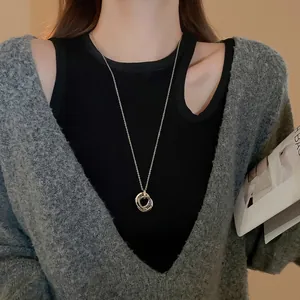 Interlocking Circles Pendant Long Sweater Chain Necklace Silver Color Copper Zircon Geometric Luxury Jewelry For Women
