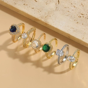 Luxury Adjustable Open Ring Copper Zircon 14K Gold Plated Heart Round Oval Gemstone Geometric Fashion Wedding Jewelry