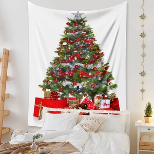 Christmas tapestry with festive tree and gift boxes hanging on a bedroom wall