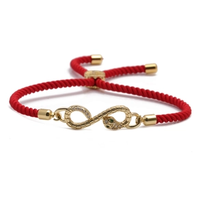 Red braided rope bracelet with golden infinity snake charm and green gemstone