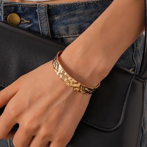 Minimalist gold hammered open cuff bracelet with vintage geometric textured design