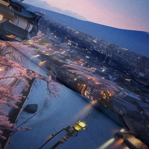 Detailed macro view of soft fabric texture with cherry blossom and urban night print