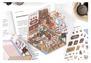 Detail of coffee house miniature stickers with cute cartoon bears and cafe furniture