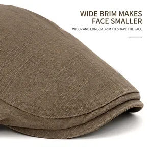 Retro washed cotton newsboy cap in coffee with wide brim and side letter embroidery