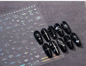 Autocollants laser holographiques détaillés avec motifs étoiles et lune sur ongles noirs