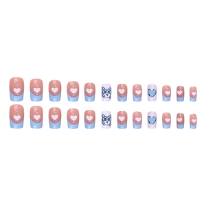 Pink and blue almond press-on nails set featuring cute cartoon bear and heart designs