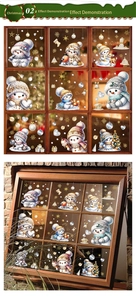 Detailed view of Christmas snowman window stickers with festive balls on a wooden frame