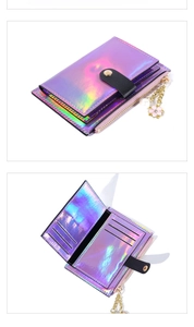 Detail view of purple iridescent ultra-thin wallet with card slots and flower charm