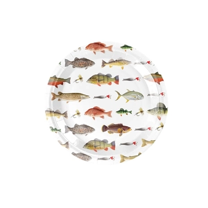 Fishing theme disposable paper plates featuring realistic fish and bait illustrations