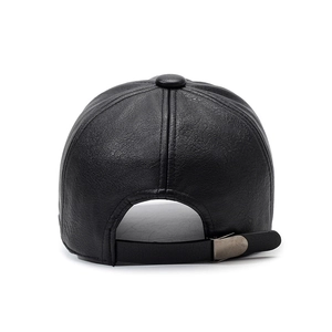 Rear view of black leather baseball cap with pebble texture and adjustable metal buckle