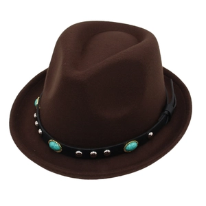 Retro dark brown wool felt fedora with turquoise leather band from a 45-degree angle view