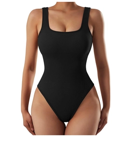 Close-up of the square neck and ribbed texture on the black tummy control bodysuit