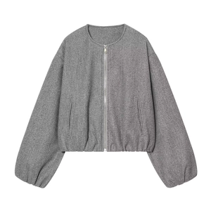 Women's gray short bomber jacket with round neck and zipper closure in flat lay view