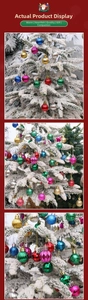 Detail of colorful assorted textured Christmas ball ornaments hanging on snowy pine branches