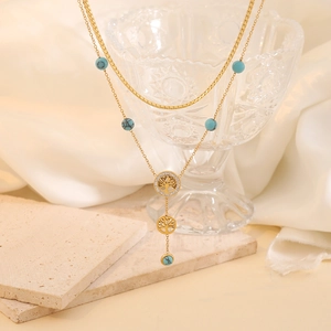 Collana a doppio strato dorata Albero della Vita con turchese e ciondoli in cristallo