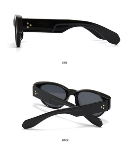 Detail view showing side and back angles of black round sunglasses with gold studs
